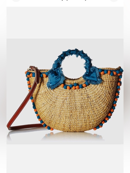 Sam Edelman Handbags - Sam Edelman Innesa Natural Brite/Multi Woven Straw Pom Pom Zip Top Handled Strap